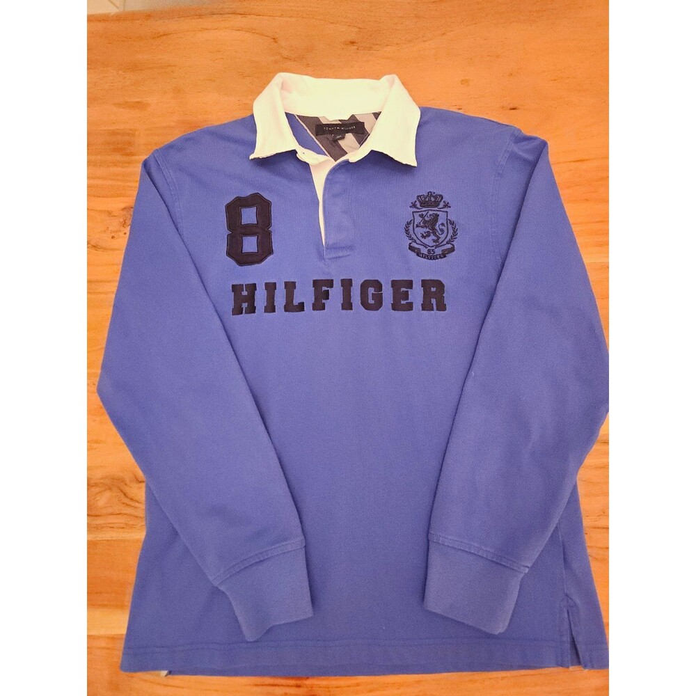Vintage Tommy Hilfiger Men Small Y2K Rugby Blue Long Sleeve Preppy Pullover
